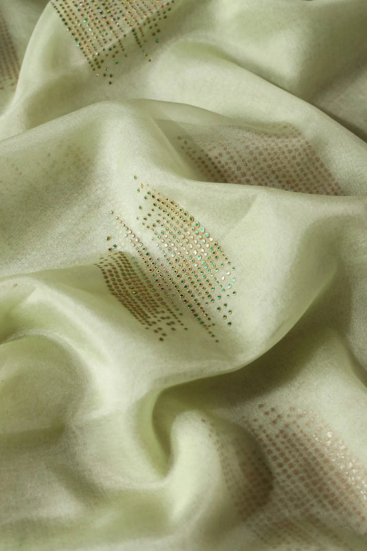 AIzaSyBcstauz-XMPRhEY21AUzeo032pxrXB5Ug - 2.75 Meter Cut Piece Of Drak Green Stone Drop Geometric Work On Olive Organza Fabric