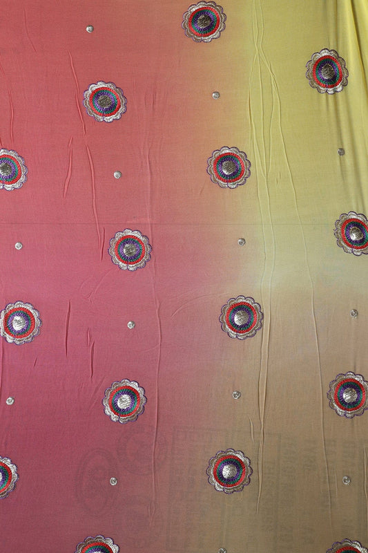 AIzaSyBcstauz-XMPRhEY21AUzeo032pxrXB5Ug - 2.75 Meter Cut Piece Of Multi Thread With Gold Zari Floral Embroidery On Multi Color Viscose Georgette Fabric