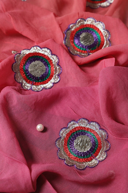 AIzaSyBcstauz-XMPRhEY21AUzeo032pxrXB5Ug - 2.75 Meter Cut Piece Of Multi Thread With Gold Zari Floral Embroidery On Multi Color Viscose Georgette Fabric