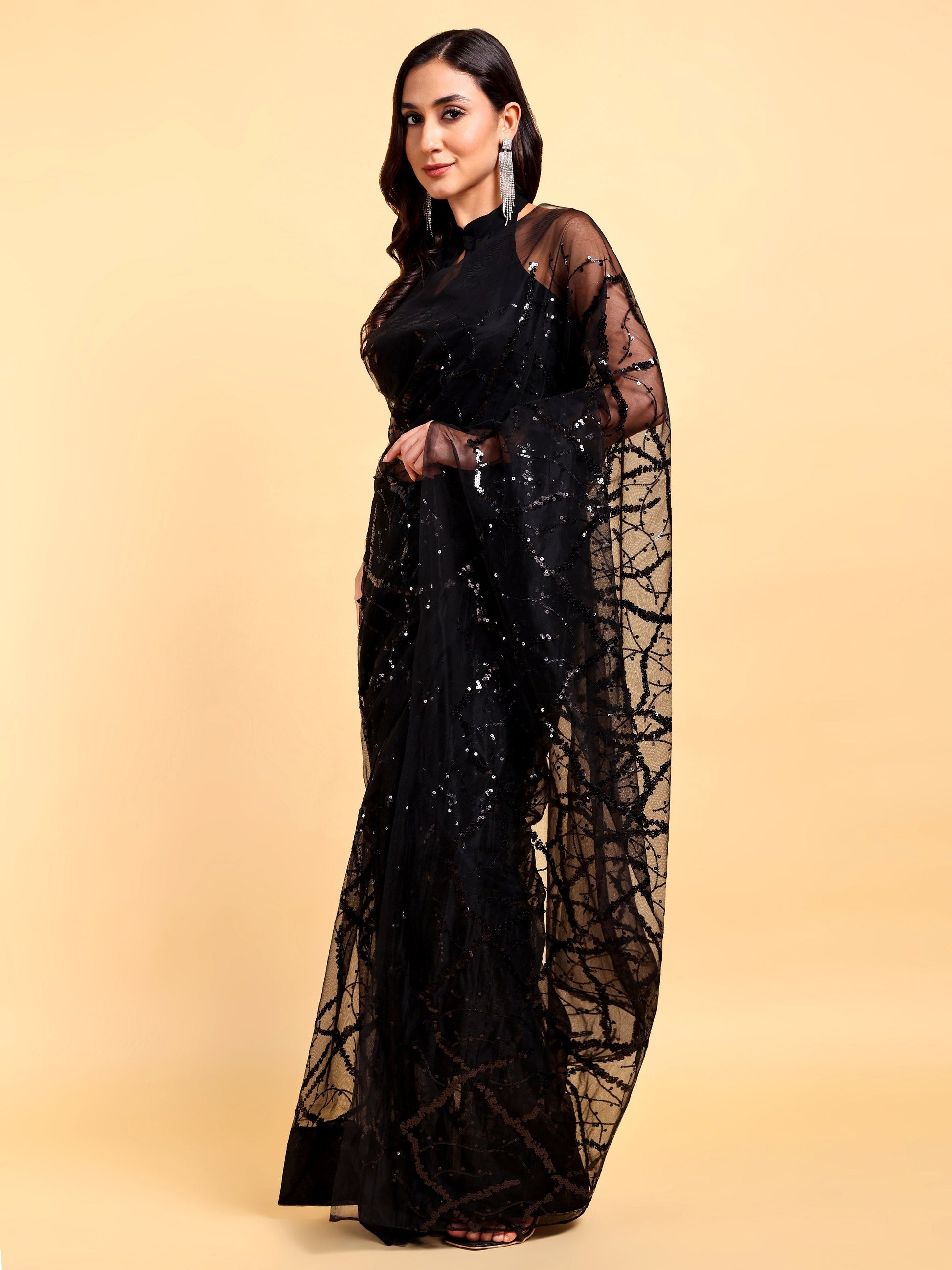 AIzaSyBcstauz-XMPRhEY21AUzeo032pxrXB5Ug - Black Net Saree Set (2 Piece)