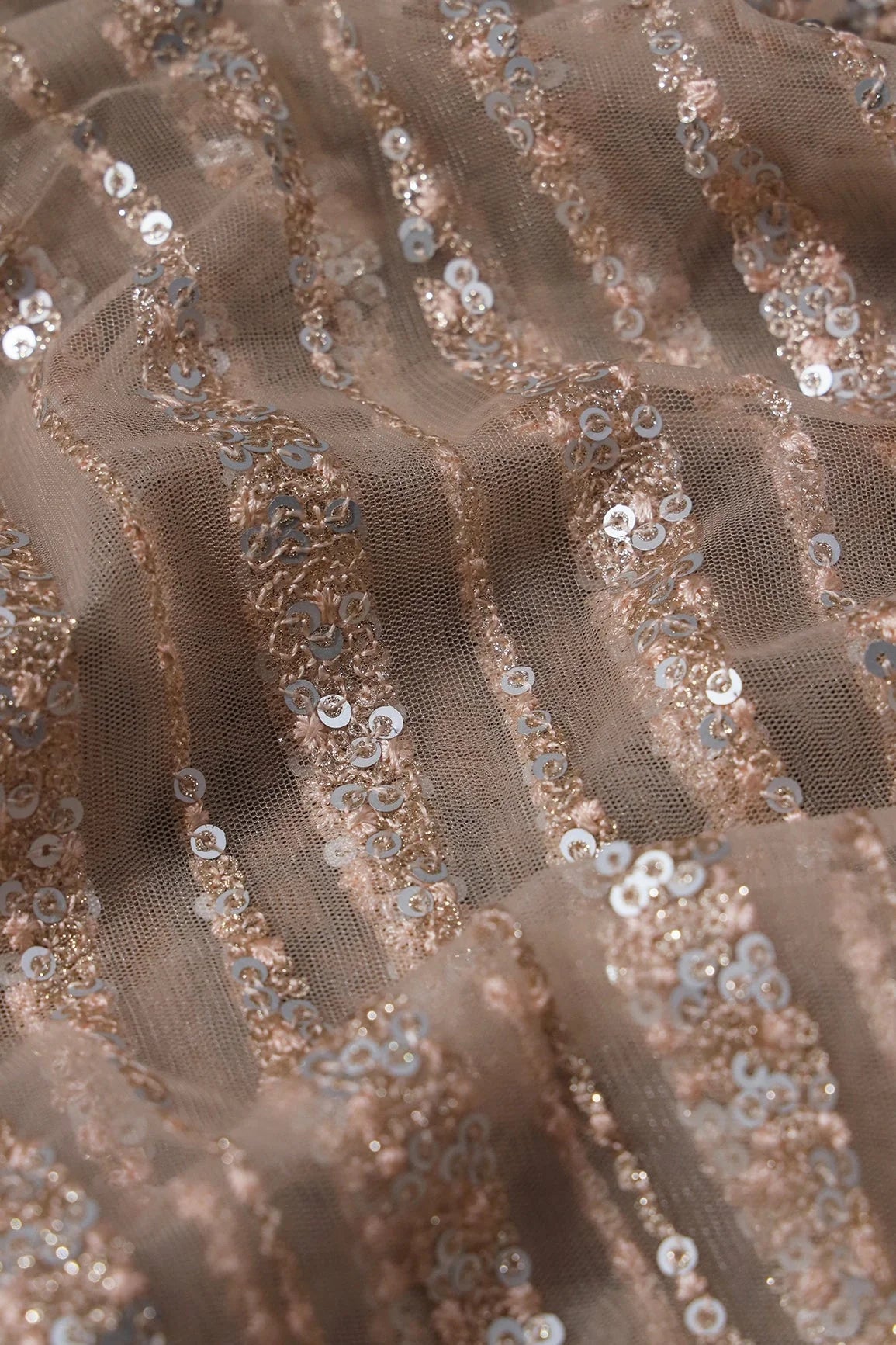 AIzaSyBcstauz-XMPRhEY21AUzeo032pxrXB5Ug - 3 Meter Cut Piece Of Gold And Silver Sequins With Beige Thread Geometric Embroidery On Light Beige Soft Net Fabric