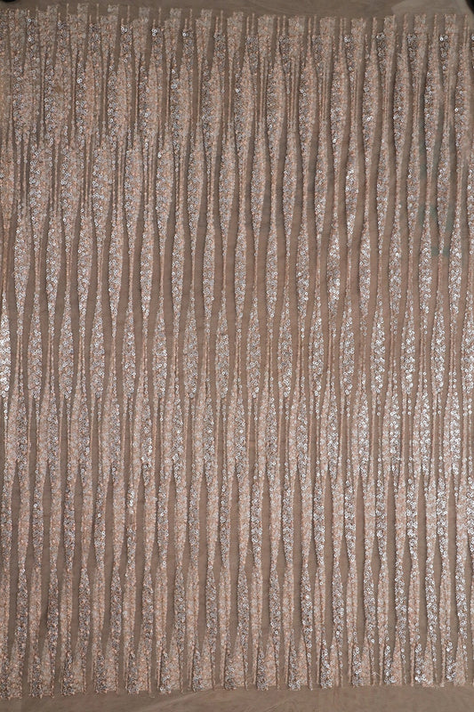 AIzaSyBcstauz-XMPRhEY21AUzeo032pxrXB5Ug - 3 Meter Cut Piece Of Gold And Silver Sequins With Beige Thread Geometric Embroidery On Light Beige Soft Net Fabric