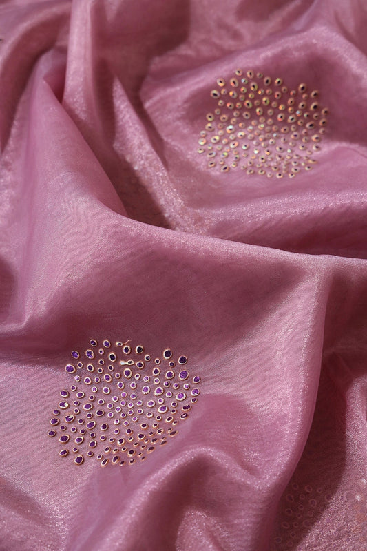 AIzaSyBcstauz-XMPRhEY21AUzeo032pxrXB5Ug - 3 Meter Cut Piece Of Purple Stone Drop Geometric Work On Mauve Tissue Fabric