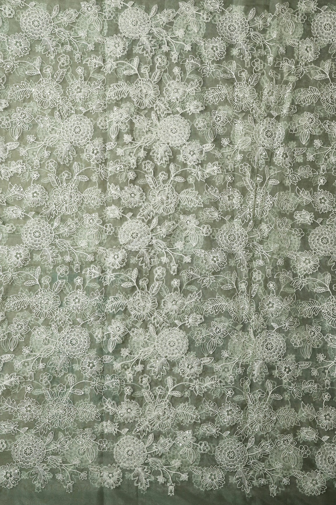 AIzaSyBcstauz-XMPRhEY21AUzeo032pxrXB5Ug - 3 Meter Cut Piece Of White Thread With Gold Sequins Floral Embroidery On Olive Organza Fabric