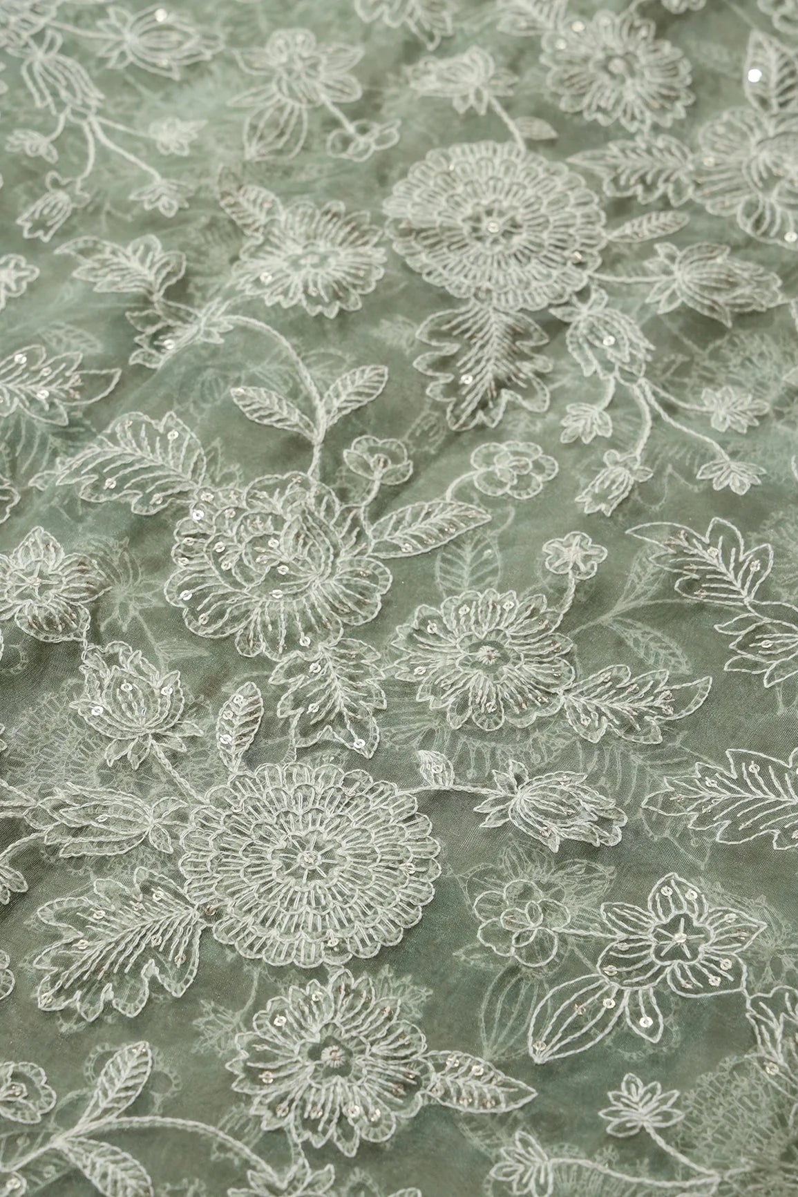 AIzaSyBcstauz-XMPRhEY21AUzeo032pxrXB5Ug - 3 Meter Cut Piece Of White Thread With Gold Sequins Floral Embroidery On Olive Organza Fabric