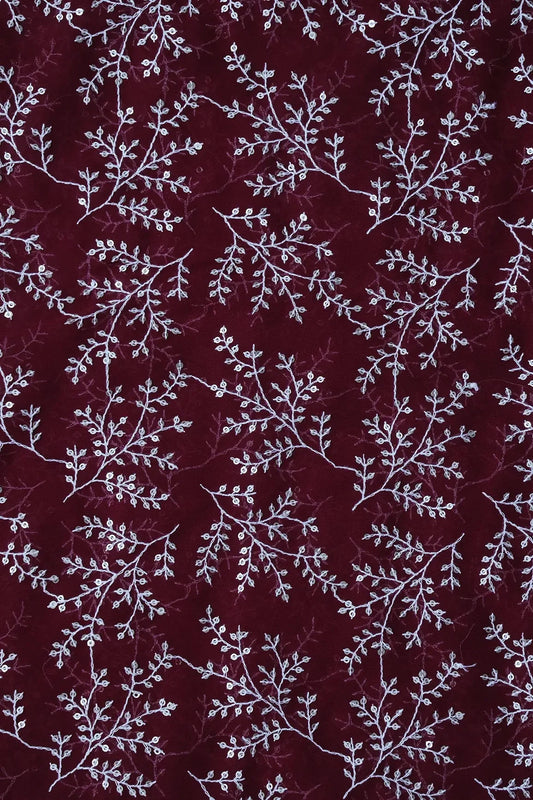 AIzaSyBcstauz-XMPRhEY21AUzeo032pxrXB5Ug - 3 Meter Cut Piece Of White Thread With Gold Sequins Leafy Embroidery On Maroon Georgette Fabric