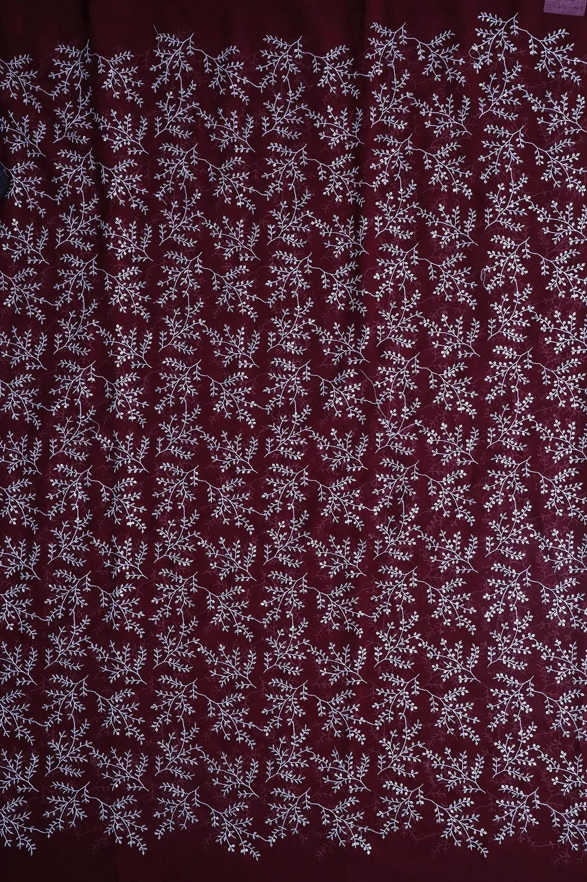 AIzaSyBcstauz-XMPRhEY21AUzeo032pxrXB5Ug - 3 Meter Cut Piece Of White Thread With Gold Sequins Leafy Embroidery On Maroon Georgette Fabric