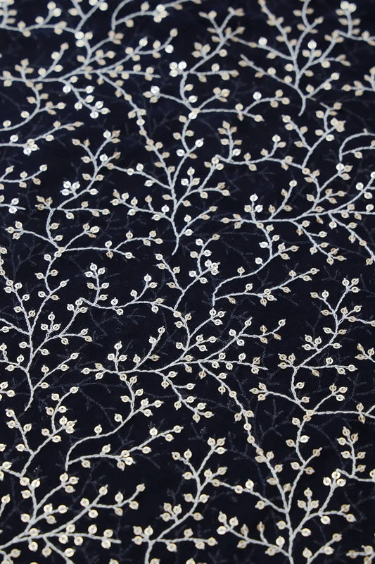 AIzaSyBcstauz-XMPRhEY21AUzeo032pxrXB5Ug - 3 Meter Cut Piece Of White Thread With Gold Sequins Leafy Embroidery On Navy Blue Georgette Fabric