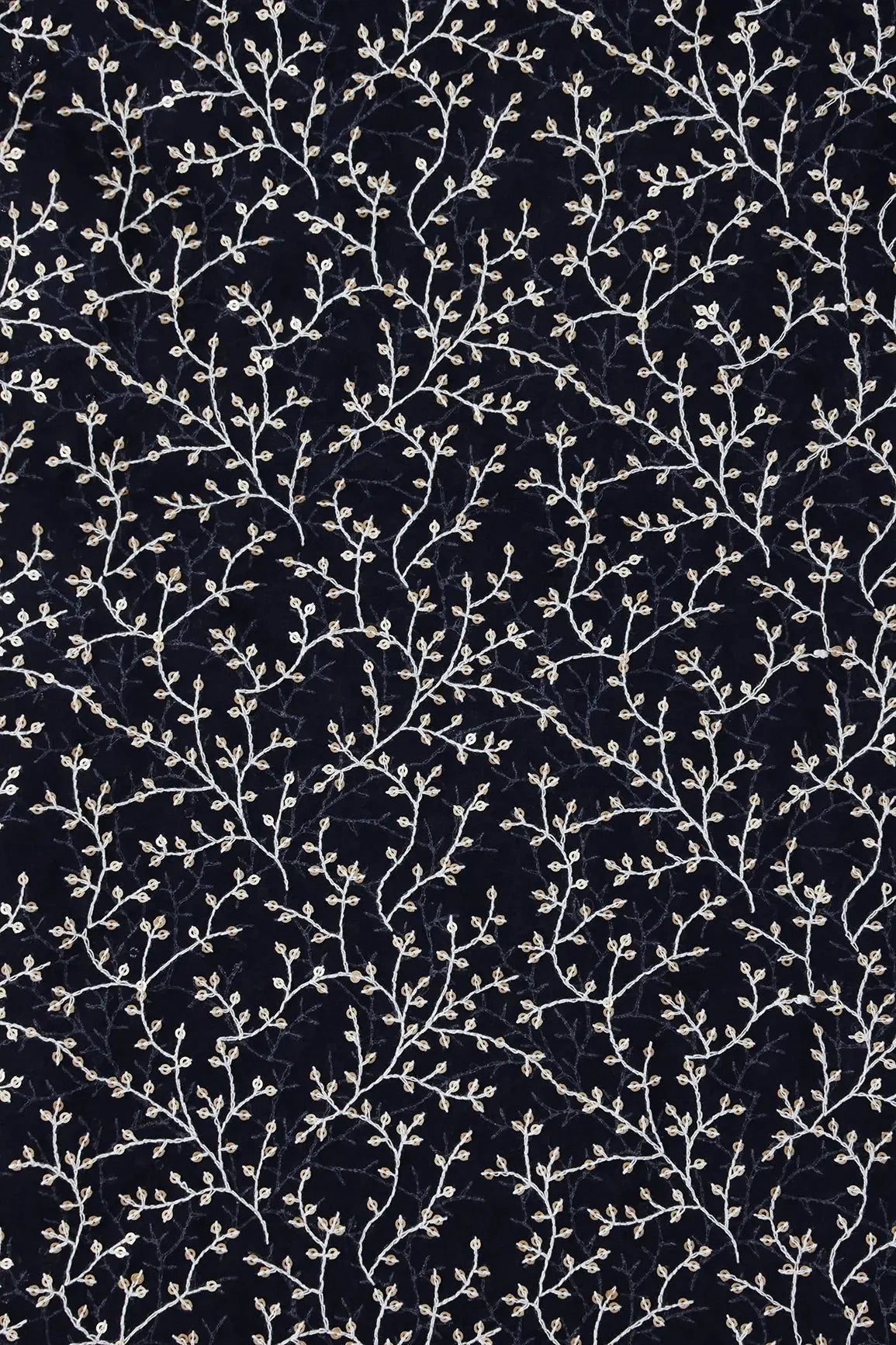 AIzaSyBcstauz-XMPRhEY21AUzeo032pxrXB5Ug - 3 Meter Cut Piece Of White Thread With Gold Sequins Leafy Embroidery On Navy Blue Georgette Fabric