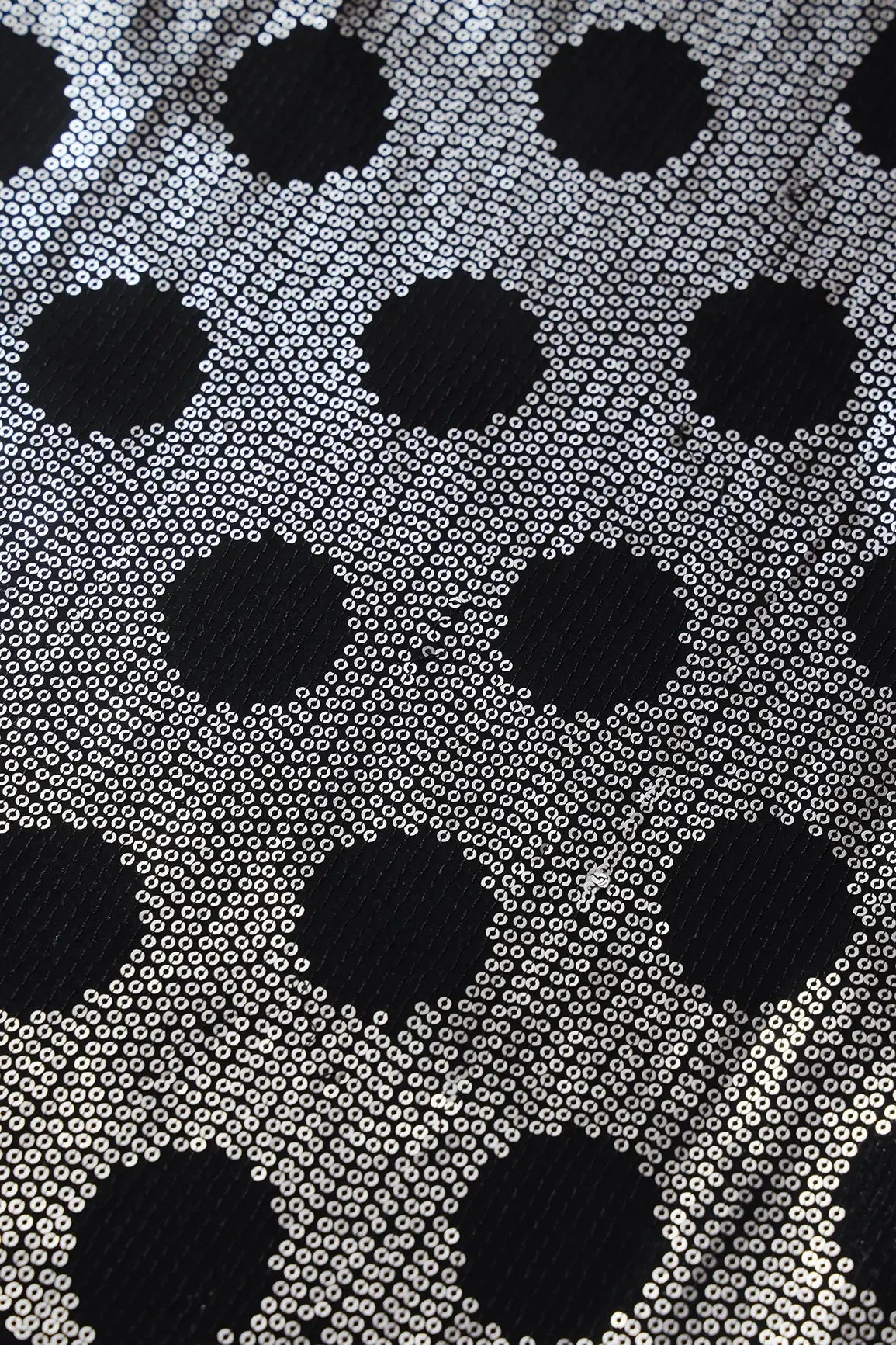 AIzaSyBcstauz-XMPRhEY21AUzeo032pxrXB5Ug - 3.25 Meter Cut Piece Of Silver Sequins Heavy Geometric Embroidery On Black Georgette Fabric