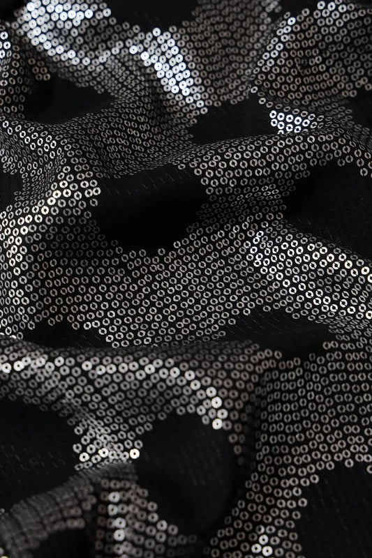 AIzaSyBcstauz-XMPRhEY21AUzeo032pxrXB5Ug - 3.25 Meter Cut Piece Of Silver Sequins Heavy Geometric Embroidery On Black Georgette Fabric