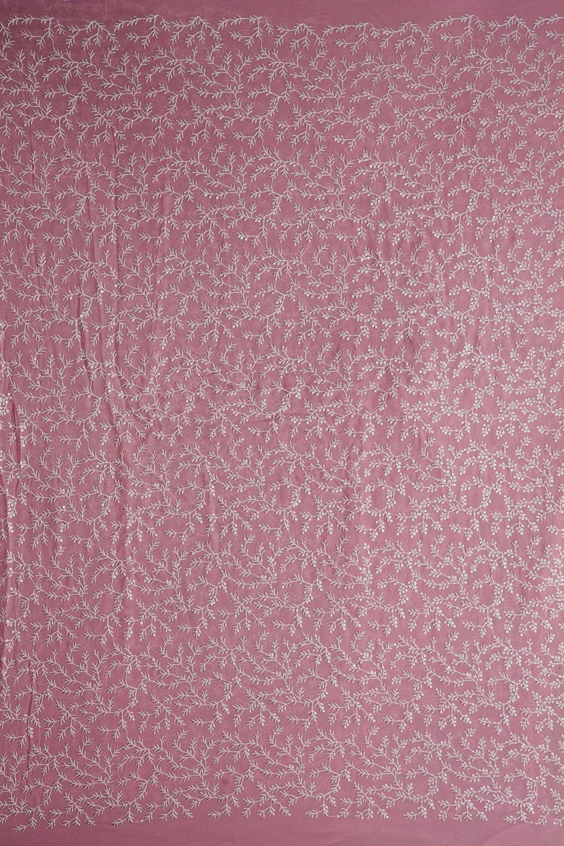AIzaSyBcstauz-XMPRhEY21AUzeo032pxrXB5Ug - 3.25 Meter Cut Piece Of White Thread With Gold Sequins Leafy Embroidery On Thulian Pink Georgette Fabric