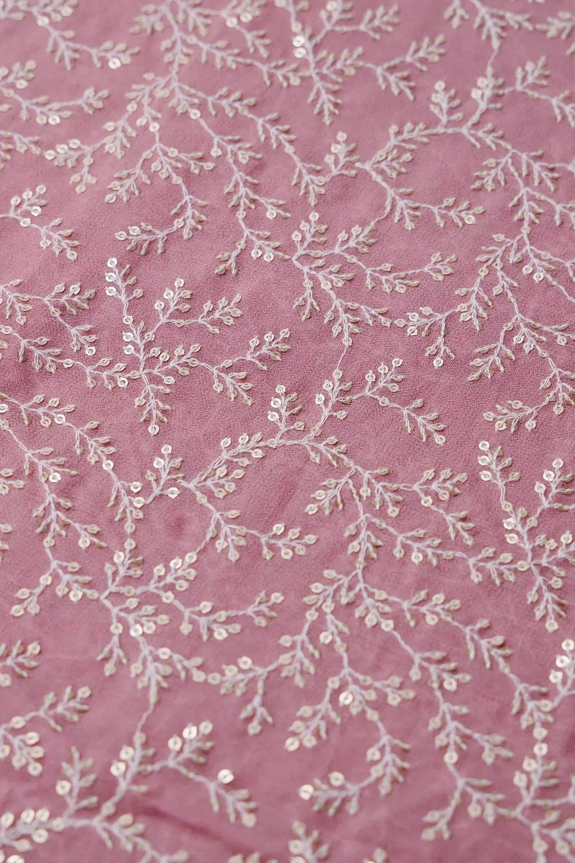 AIzaSyBcstauz-XMPRhEY21AUzeo032pxrXB5Ug - 3.25 Meter Cut Piece Of White Thread With Gold Sequins Leafy Embroidery On Thulian Pink Georgette Fabric
