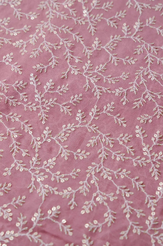 AIzaSyBcstauz-XMPRhEY21AUzeo032pxrXB5Ug - 3.25 Meter Cut Piece Of White Thread With Gold Sequins Leafy Embroidery On Thulian Pink Georgette Fabric