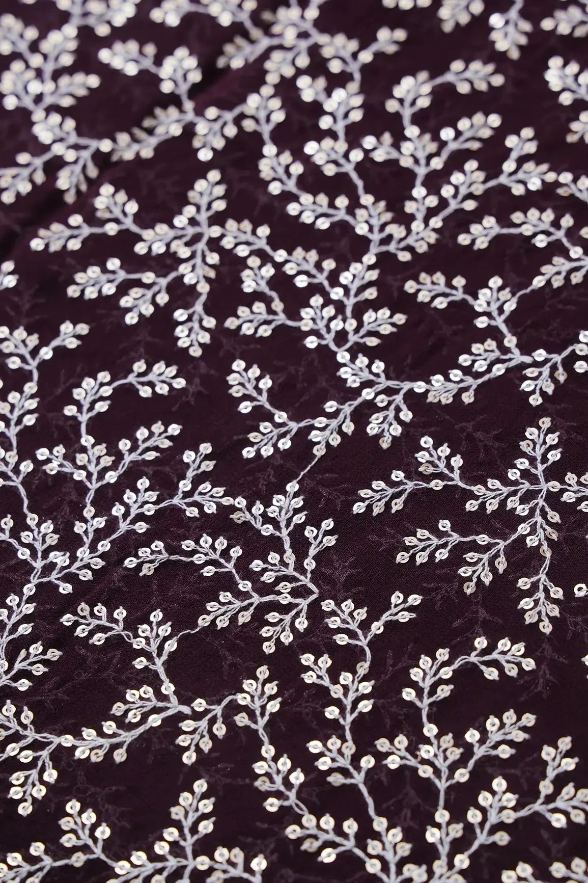 AIzaSyBcstauz-XMPRhEY21AUzeo032pxrXB5Ug - 3.25 Meter Cut Piece Of White Thread With Gold Sequins Leafy Embroidery On Wine Georgette Fabric