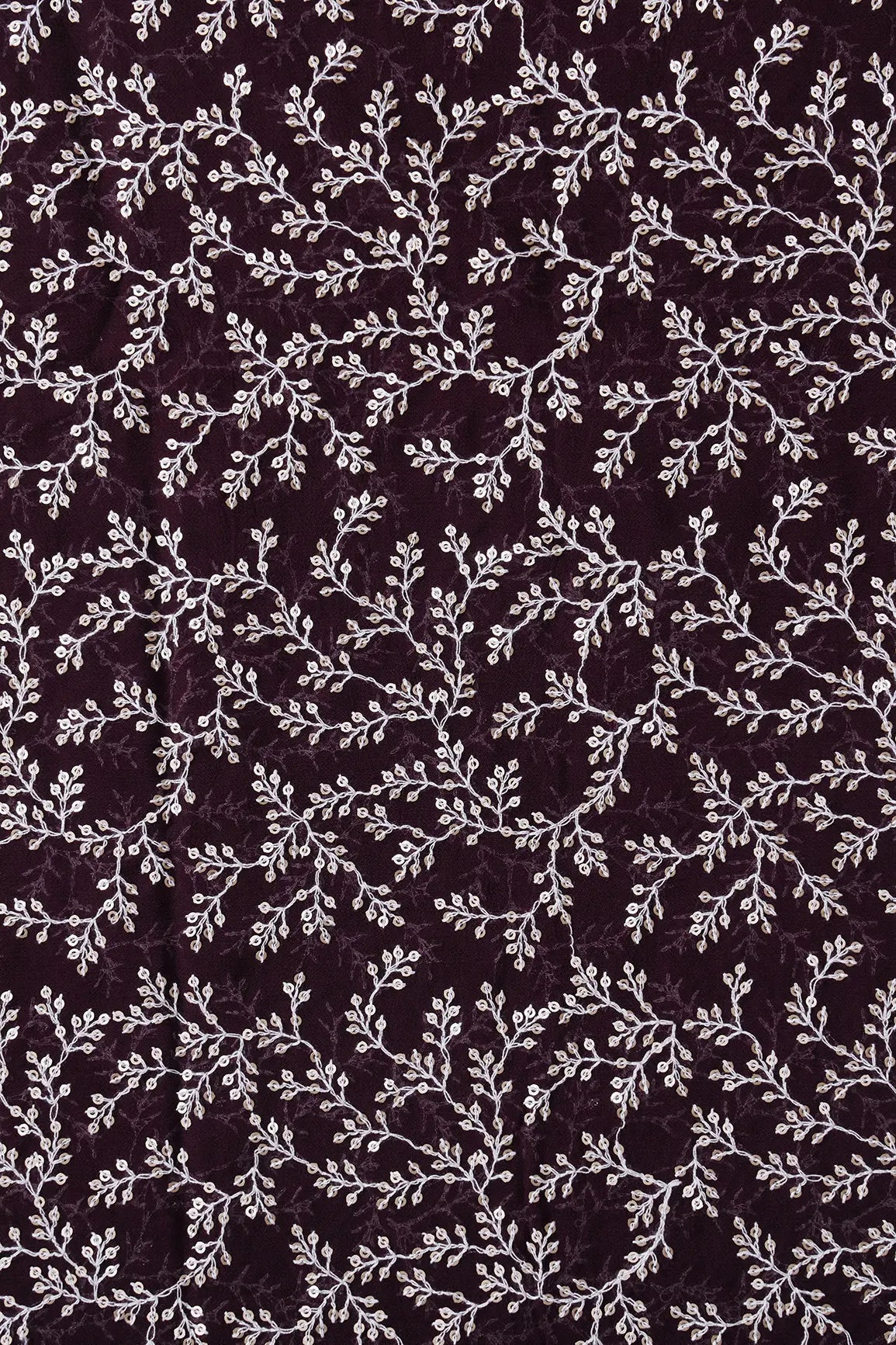 AIzaSyBcstauz-XMPRhEY21AUzeo032pxrXB5Ug - 3.25 Meter Cut Piece Of White Thread With Gold Sequins Leafy Embroidery On Wine Georgette Fabric