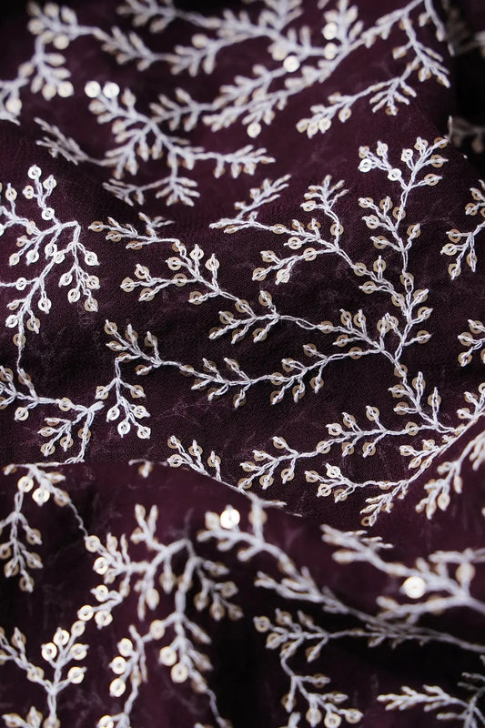 AIzaSyBcstauz-XMPRhEY21AUzeo032pxrXB5Ug - 3.25 Meter Cut Piece Of White Thread With Gold Sequins Leafy Embroidery On Wine Georgette Fabric