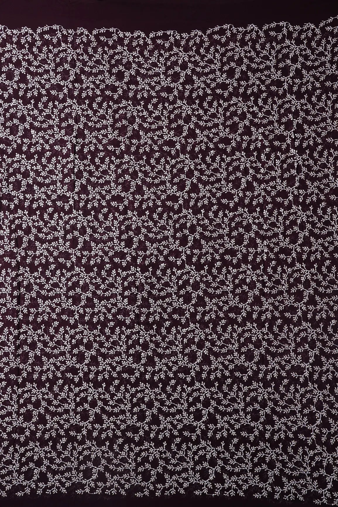 AIzaSyBcstauz-XMPRhEY21AUzeo032pxrXB5Ug - 3.25 Meter Cut Piece Of White Thread With Gold Sequins Leafy Embroidery On Wine Georgette Fabric