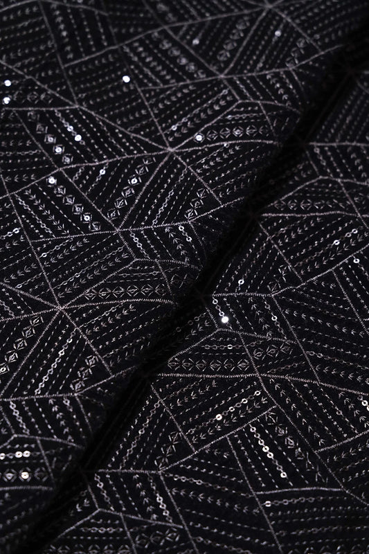 AIzaSyBcstauz-XMPRhEY21AUzeo032pxrXB5Ug - 3.50 Meter Cut Piece Of Black Thread With Sequins Geometric Embroidery Work On Black Velvet Fabric