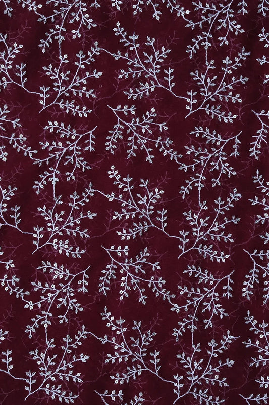 AIzaSyBcstauz-XMPRhEY21AUzeo032pxrXB5Ug - 3.50 Meter Cut Piece Of White Thread With Gold Sequins Leafy Embroidery On Maroon Georgette Fabric