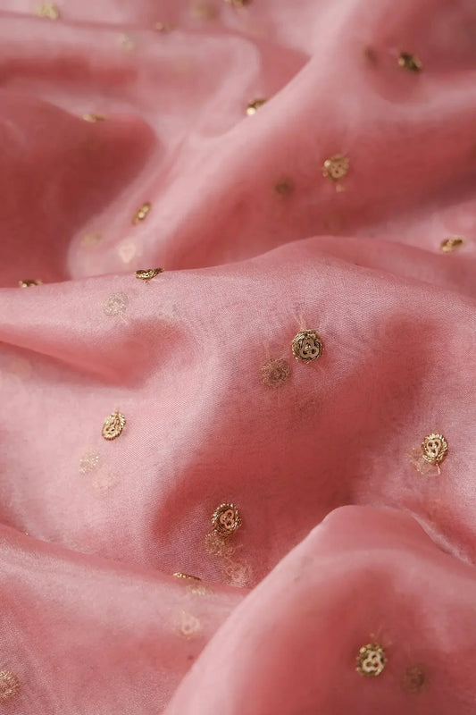 AIzaSyBcstauz-XMPRhEY21AUzeo032pxrXB5Ug - 3.75 Meter Cut Piece Of Gold Zari With Gold Sequins Small Motif Embroidery On Pink Organza Fabric