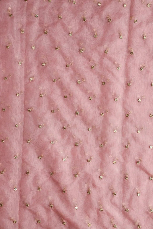 AIzaSyBcstauz-XMPRhEY21AUzeo032pxrXB5Ug - 3.75 Meter Cut Piece Of Gold Zari With Gold Sequins Small Motif Embroidery On Pink Organza Fabric