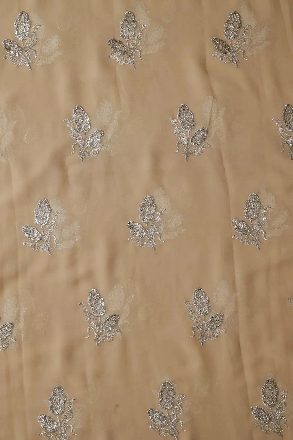 AIzaSyBcstauz-XMPRhEY21AUzeo032pxrXB5Ug - 3.75 Meter Cut Piece Of Gold Zari With Sequins Floral Embroidery On Beige Georgette Fabric