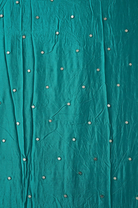 AIzaSyBcstauz-XMPRhEY21AUzeo032pxrXB5Ug - 3.75 Meter Cut Piece Of Real Mirror Embroidery Work On Dark Turquoise Viscose Chinnon Chiffon Fabric