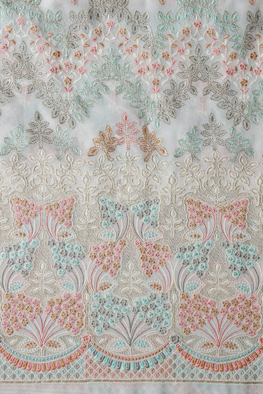 AIzaSyBcstauz-XMPRhEY21AUzeo032pxrXB5Ug - Big Width "56" Multi Color Pastel Thread Floral Embroidery On Dyeable White Viscose Georgette Fabric With Border