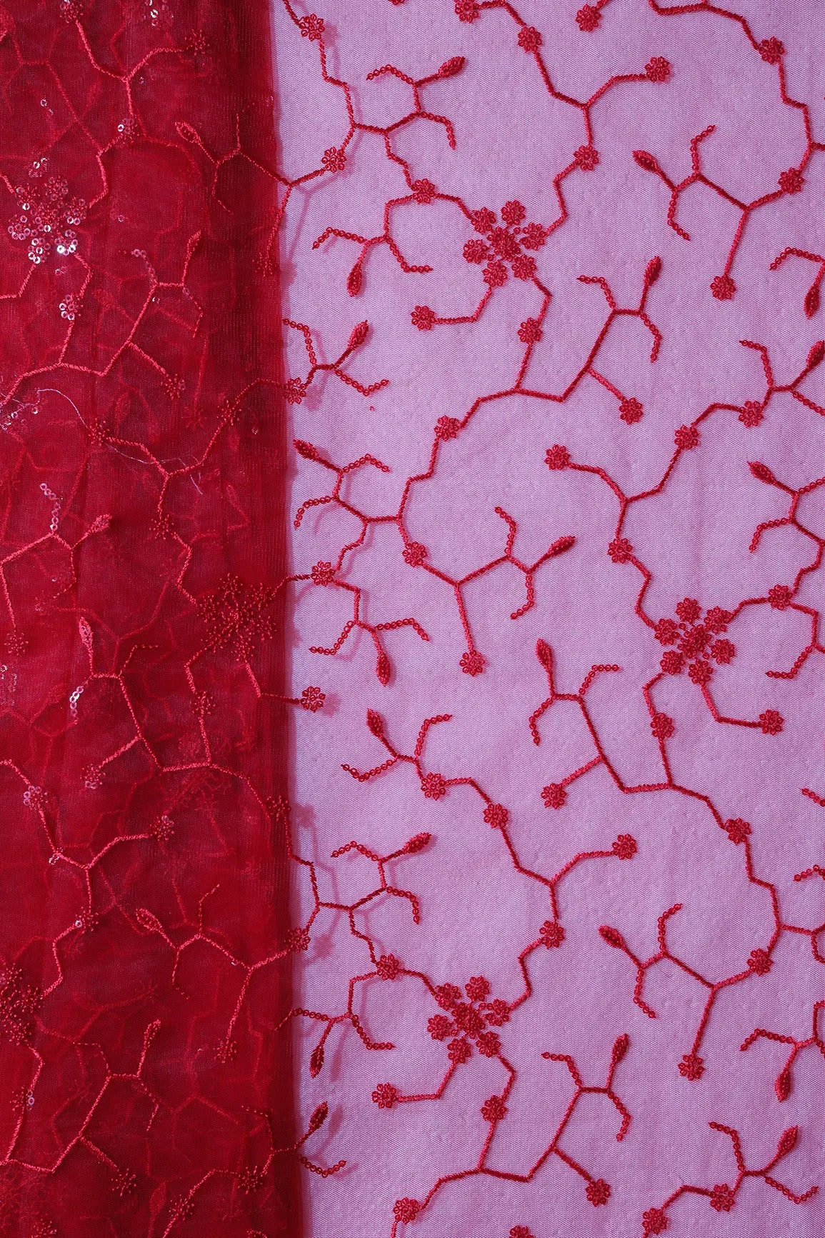AIzaSyBcstauz-XMPRhEY21AUzeo032pxrXB5Ug - Beautiful Red Sequins Small Floral Embroidery On Red Soft Net Fabric