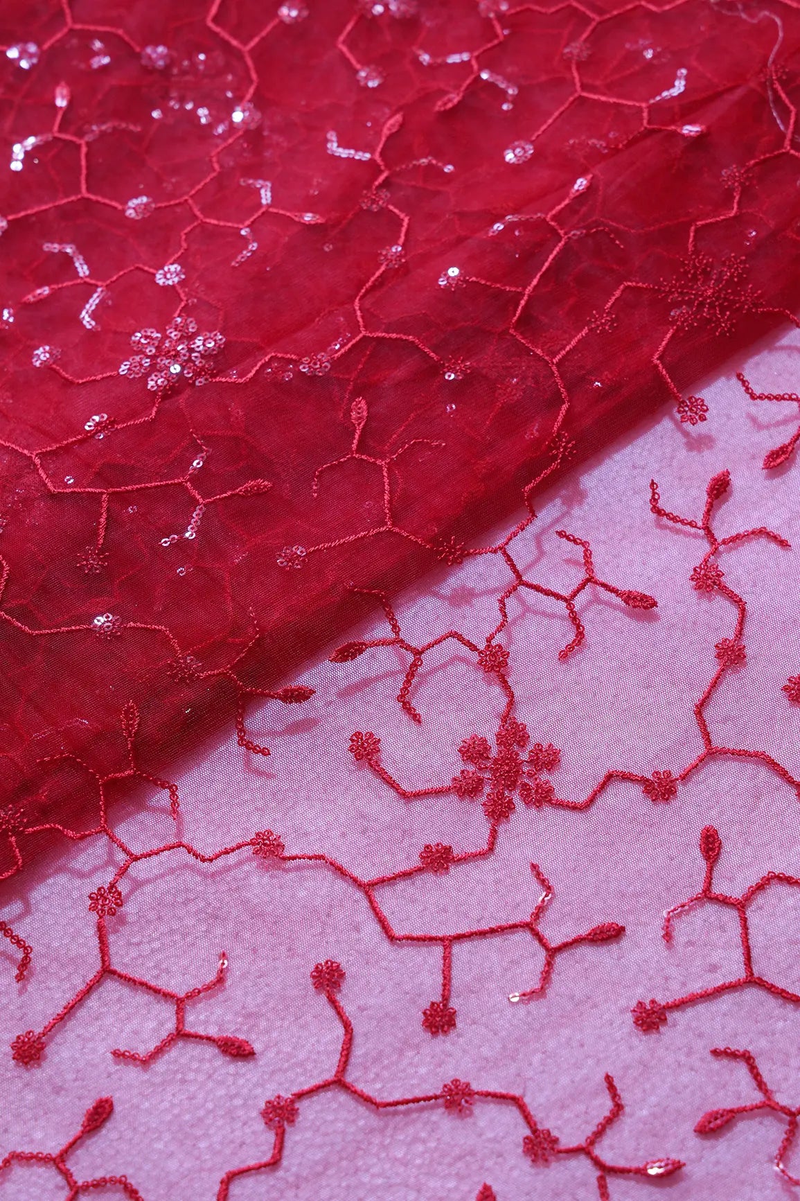 AIzaSyBcstauz-XMPRhEY21AUzeo032pxrXB5Ug - Beautiful Red Sequins Small Floral Embroidery On Red Soft Net Fabric