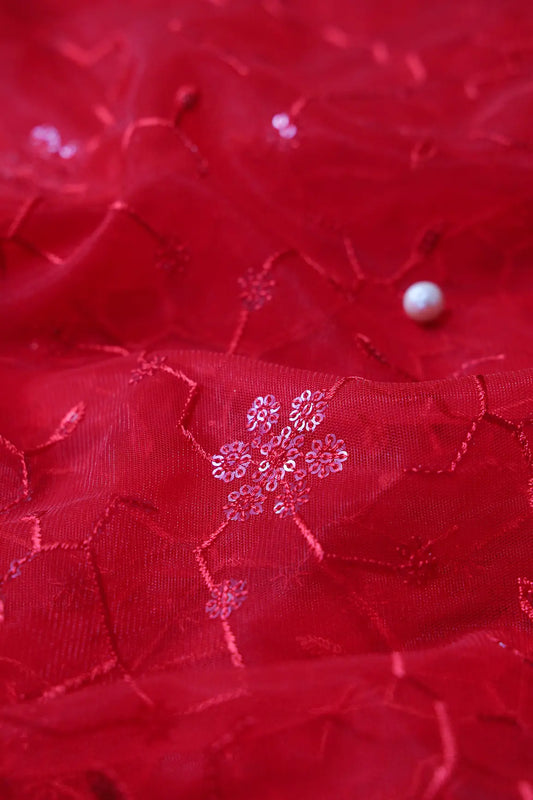 AIzaSyBcstauz-XMPRhEY21AUzeo032pxrXB5Ug - Beautiful Red Sequins Small Floral Embroidery On Red Soft Net Fabric