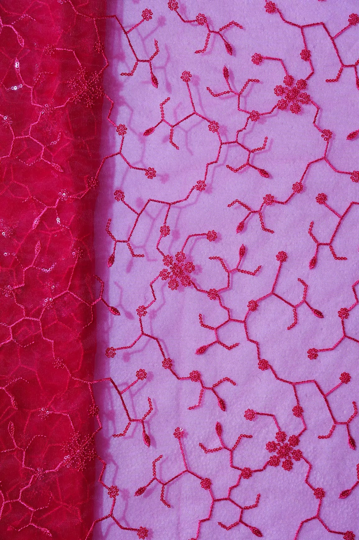 AIzaSyBcstauz-XMPRhEY21AUzeo032pxrXB5Ug - Beautiful Red Sequins Small Floral Embroidery On Cherry Red Soft Net Fabric