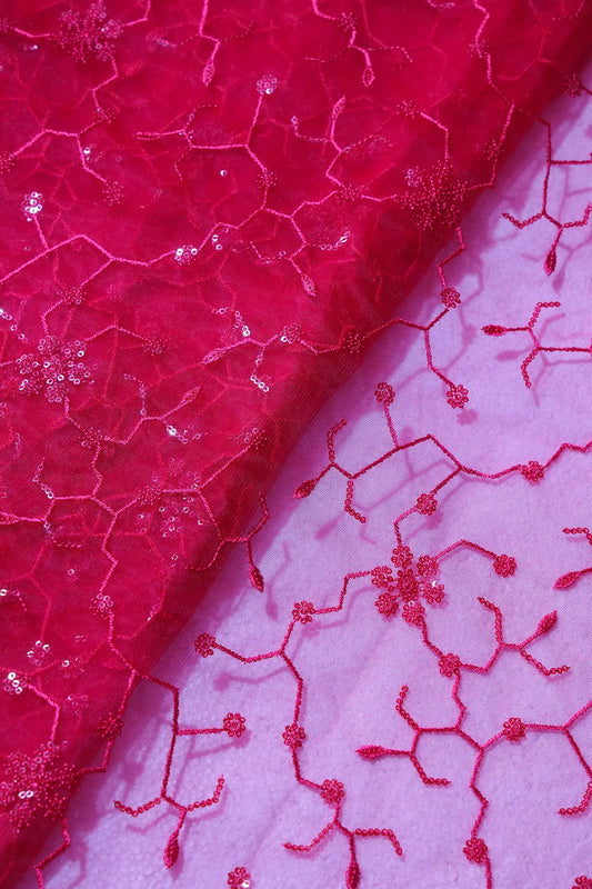 AIzaSyBcstauz-XMPRhEY21AUzeo032pxrXB5Ug - Beautiful Red Sequins Small Floral Embroidery On Cherry Red Soft Net Fabric