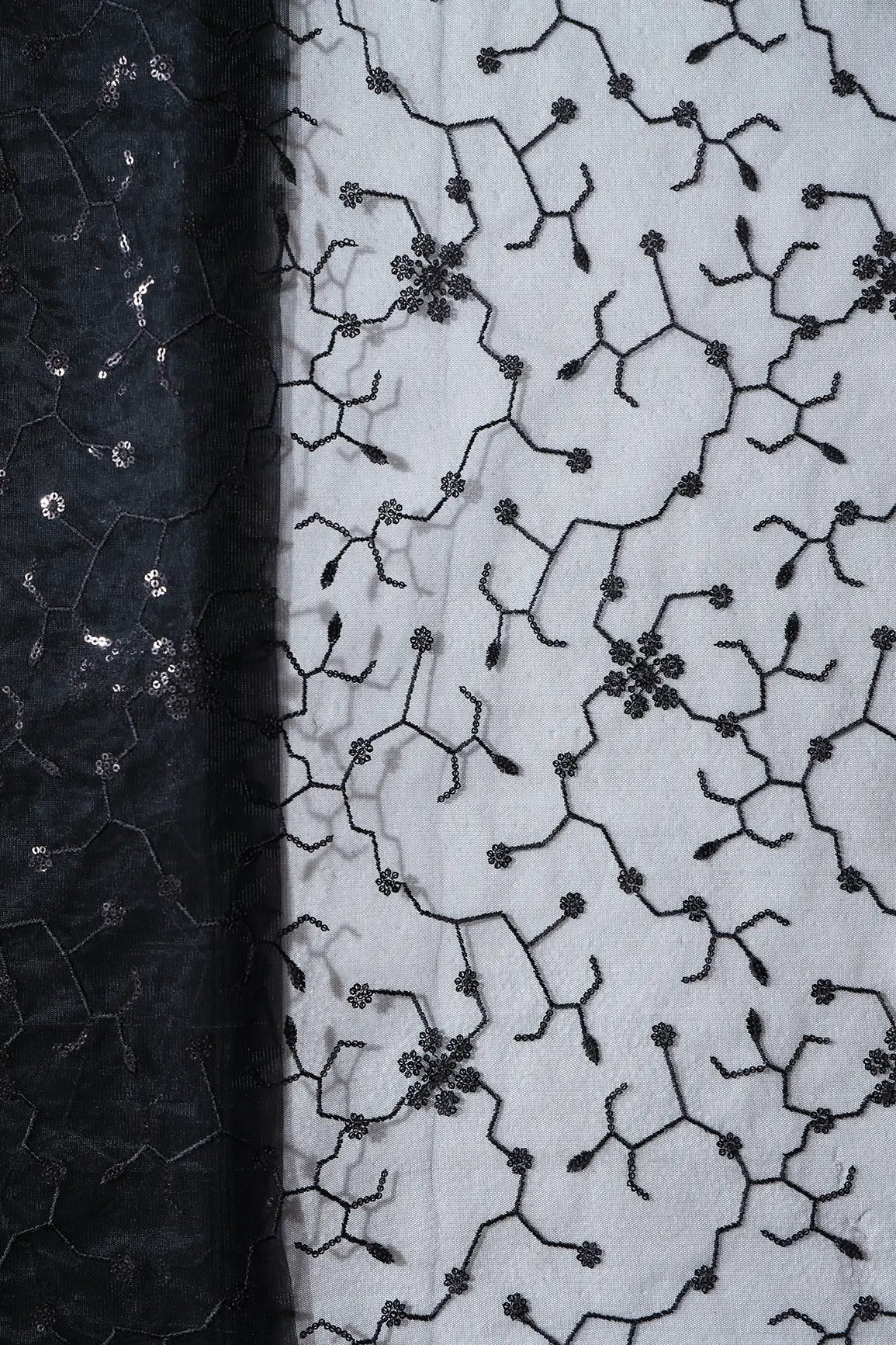 AIzaSyBcstauz-XMPRhEY21AUzeo032pxrXB5Ug - Beautiful Black Sequins Small Floral Embroidery On Black Soft Net Fabric