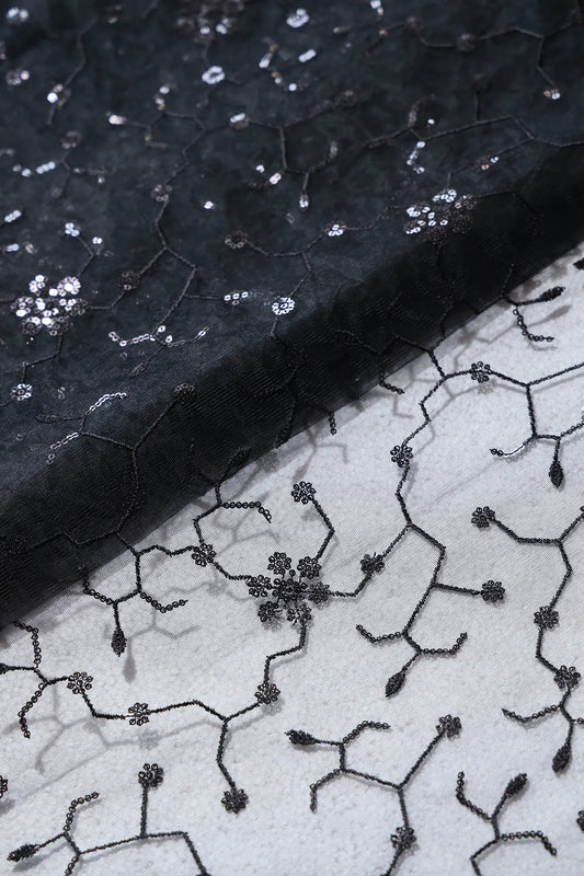AIzaSyBcstauz-XMPRhEY21AUzeo032pxrXB5Ug - Beautiful Black Sequins Small Floral Embroidery On Black Soft Net Fabric