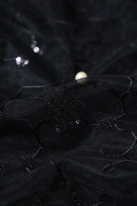AIzaSyBcstauz-XMPRhEY21AUzeo032pxrXB5Ug - Beautiful Black Sequins Small Floral Embroidery On Black Soft Net Fabric