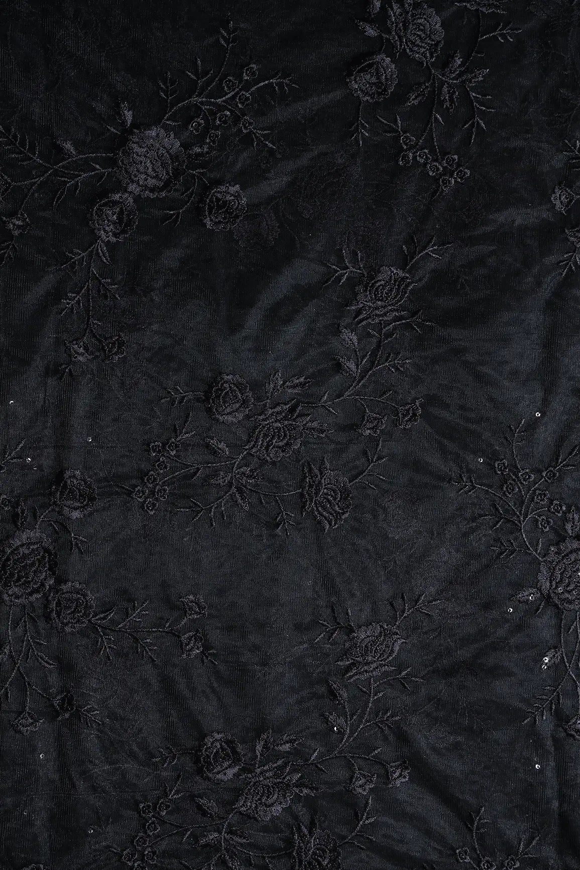 AIzaSyBcstauz-XMPRhEY21AUzeo032pxrXB5Ug - Black Thread With Sequins Floral Embroidery On Black Soft Net Fabric