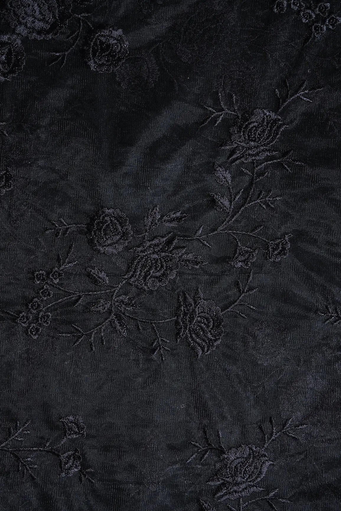 AIzaSyBcstauz-XMPRhEY21AUzeo032pxrXB5Ug - Black Thread With Sequins Floral Embroidery On Black Soft Net Fabric
