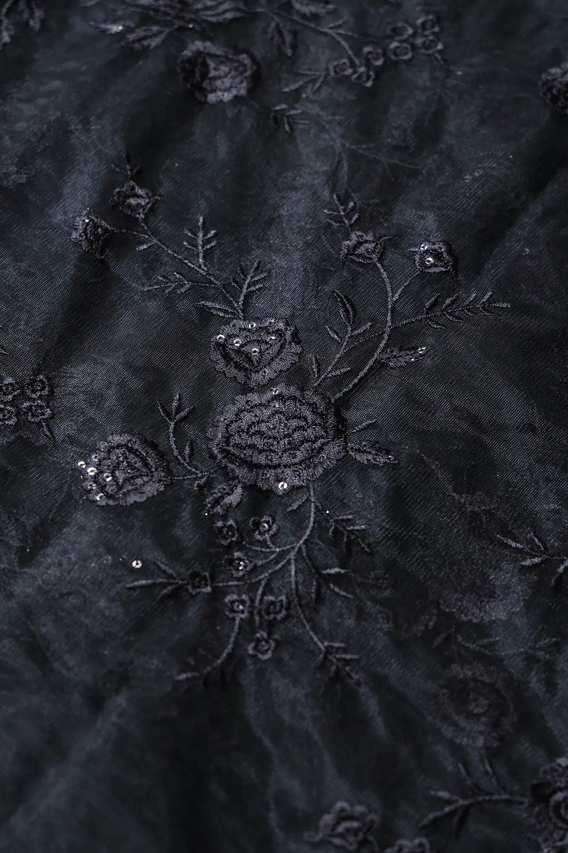 AIzaSyBcstauz-XMPRhEY21AUzeo032pxrXB5Ug - Black Thread With Sequins Floral Embroidery On Black Soft Net Fabric