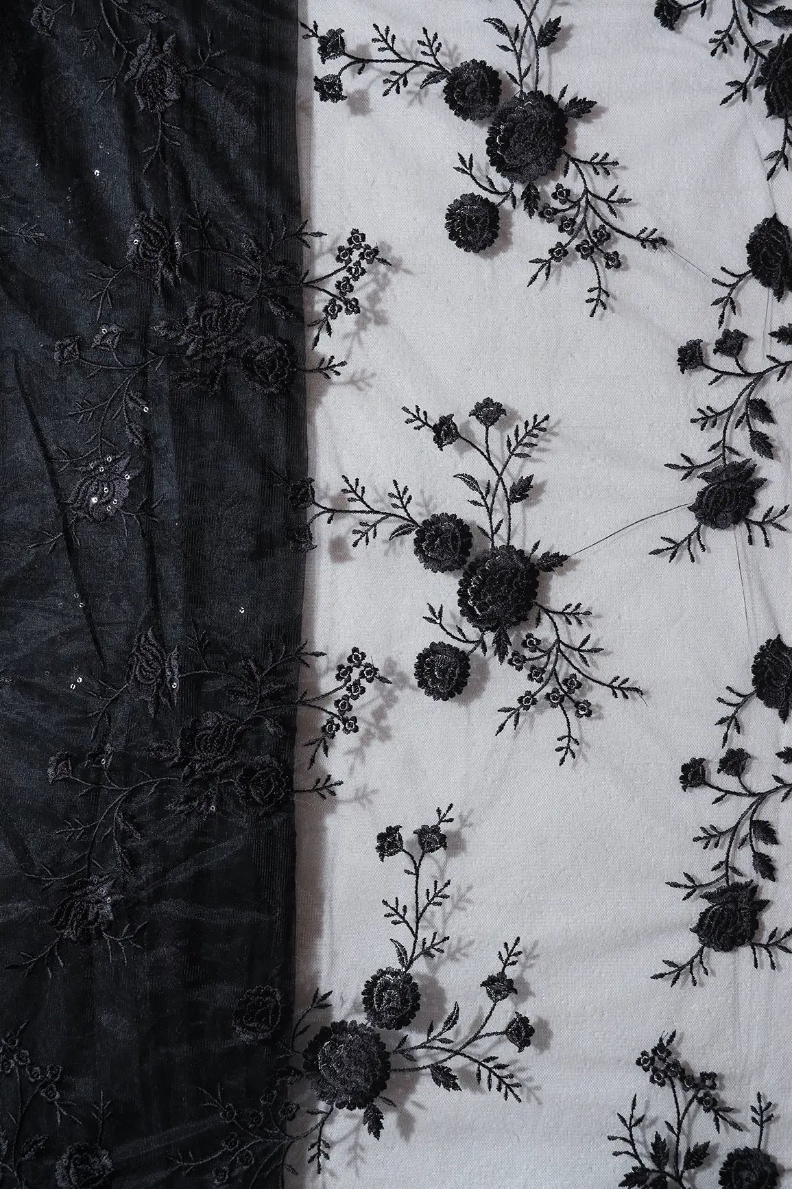 AIzaSyBcstauz-XMPRhEY21AUzeo032pxrXB5Ug - Black Thread With Sequins Floral Embroidery On Black Soft Net Fabric