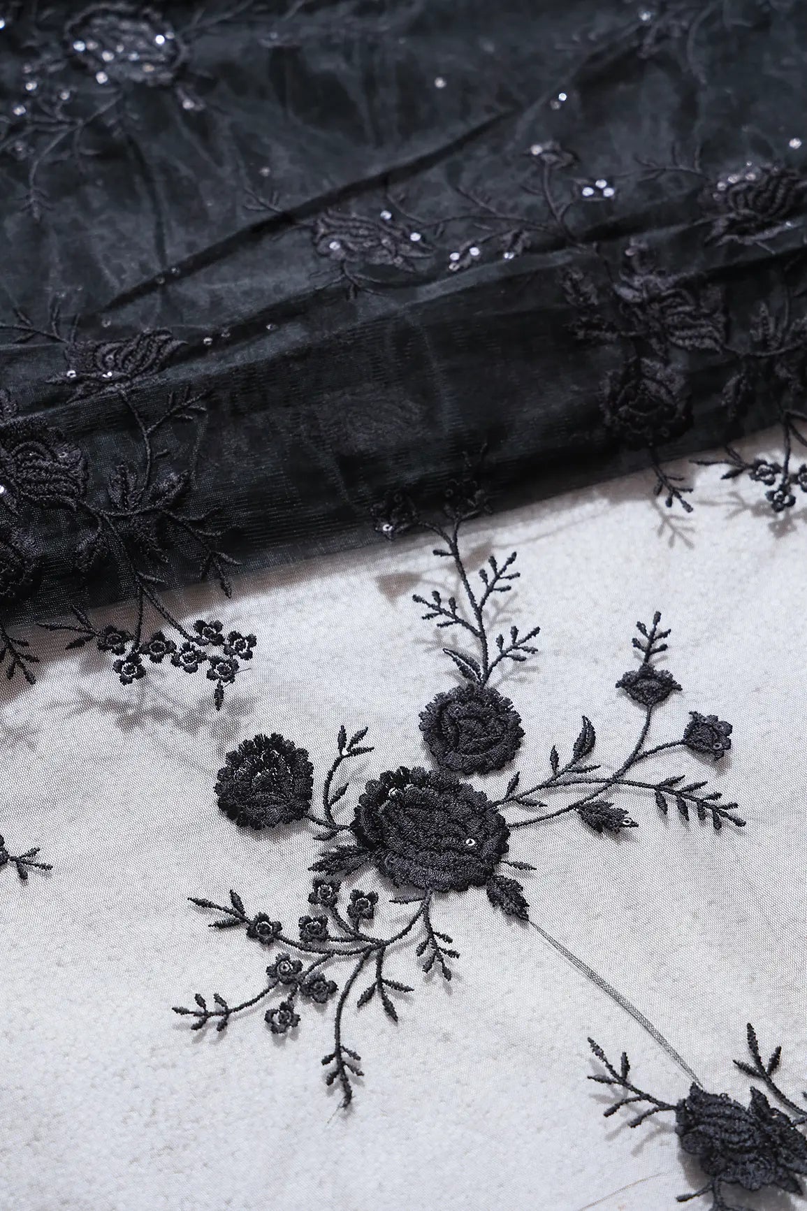 AIzaSyBcstauz-XMPRhEY21AUzeo032pxrXB5Ug - Black Thread With Sequins Floral Embroidery On Black Soft Net Fabric
