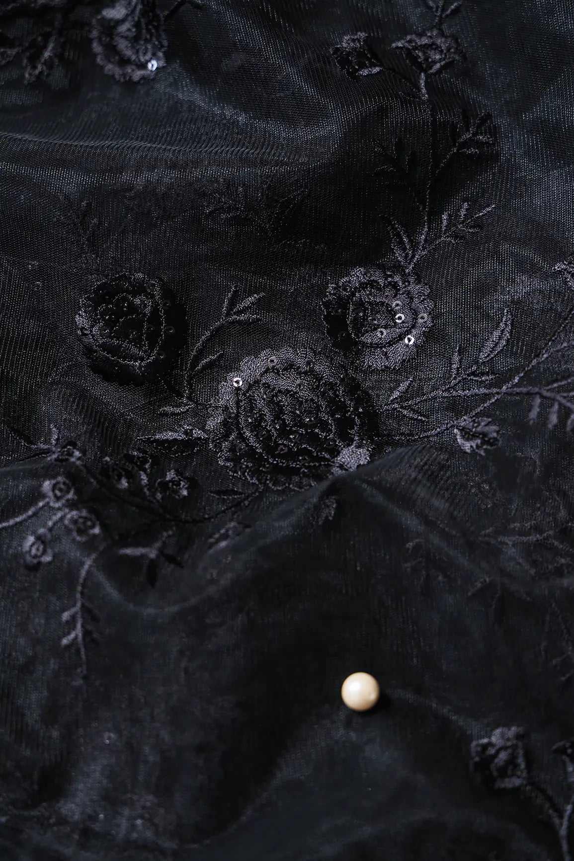 AIzaSyBcstauz-XMPRhEY21AUzeo032pxrXB5Ug - Black Thread With Sequins Floral Embroidery On Black Soft Net Fabric