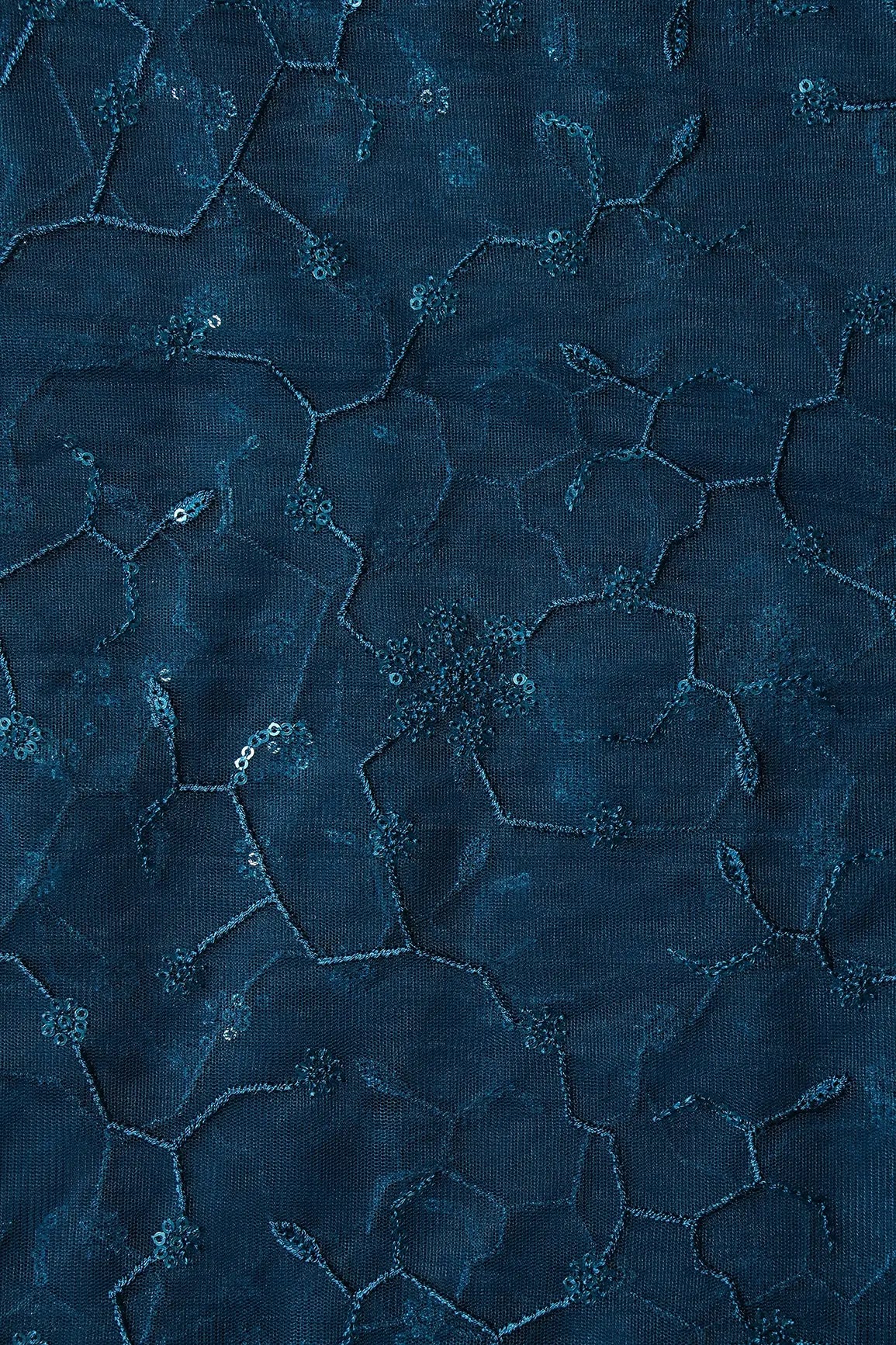 AIzaSyBcstauz-XMPRhEY21AUzeo032pxrXB5Ug - Beautiful Blue Sequins Small Floral Embroidery On Prussian Blue Soft Net Fabric
