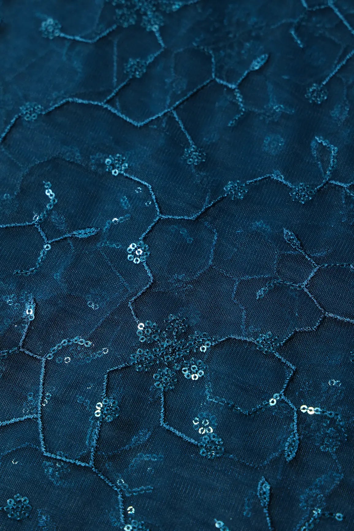 AIzaSyBcstauz-XMPRhEY21AUzeo032pxrXB5Ug - Beautiful Blue Sequins Small Floral Embroidery On Prussian Blue Soft Net Fabric