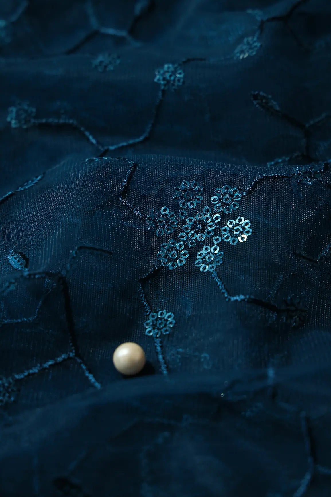 AIzaSyBcstauz-XMPRhEY21AUzeo032pxrXB5Ug - Beautiful Blue Sequins Small Floral Embroidery On Prussian Blue Soft Net Fabric