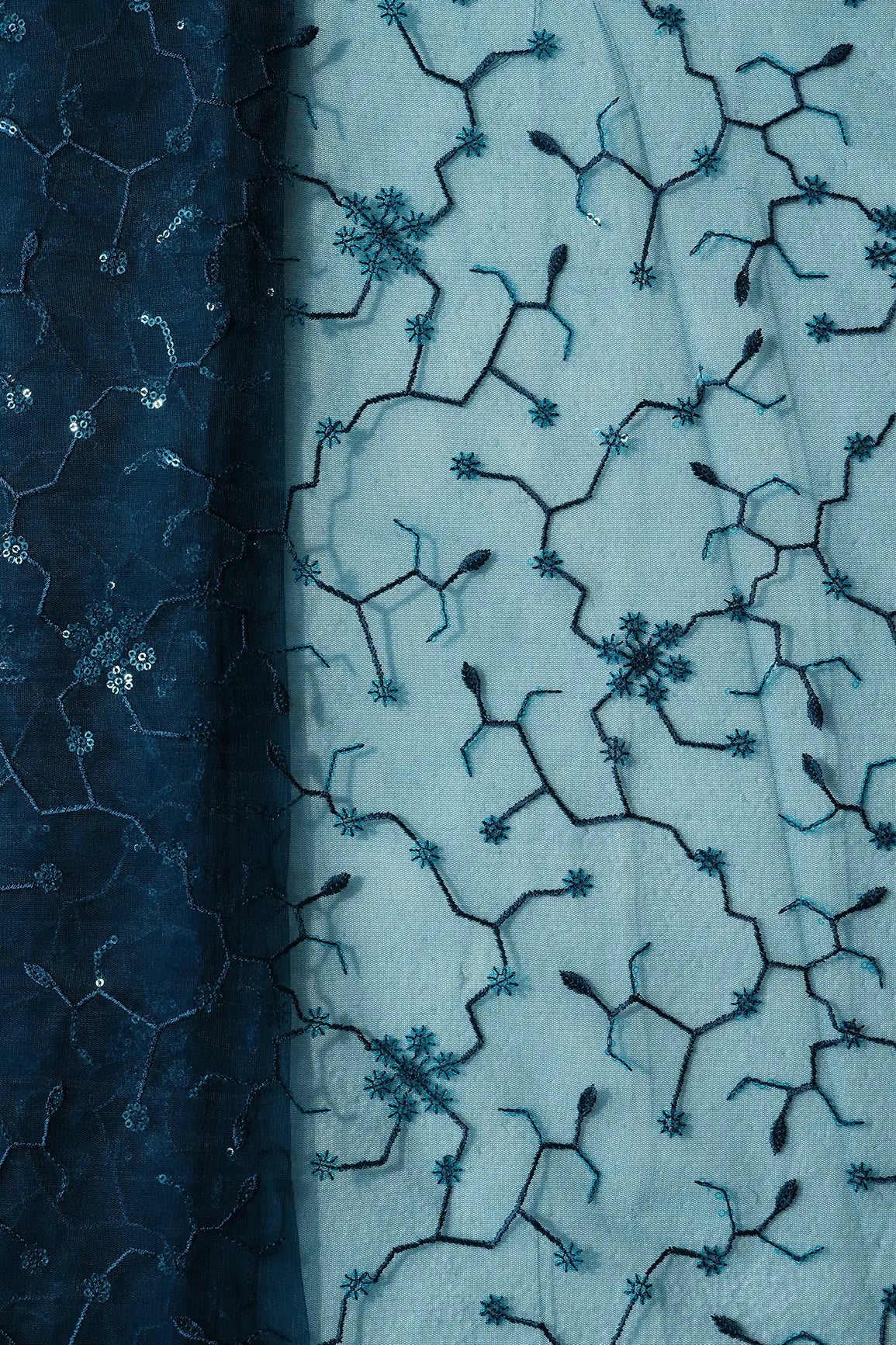 AIzaSyBcstauz-XMPRhEY21AUzeo032pxrXB5Ug - Beautiful Blue Sequins Small Floral Embroidery On Prussian Blue Soft Net Fabric
