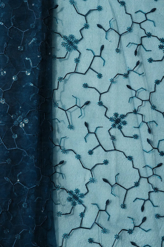 AIzaSyBcstauz-XMPRhEY21AUzeo032pxrXB5Ug - Beautiful Blue Sequins Small Floral Embroidery On Prussian Blue Soft Net Fabric