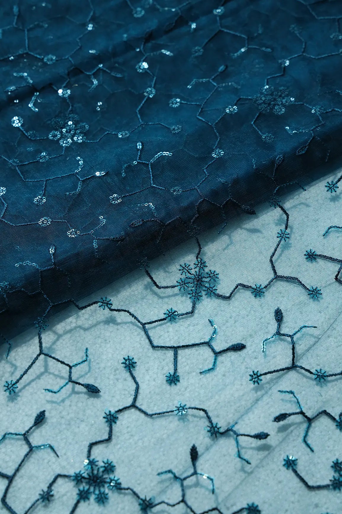 AIzaSyBcstauz-XMPRhEY21AUzeo032pxrXB5Ug - Beautiful Blue Sequins Small Floral Embroidery On Prussian Blue Soft Net Fabric