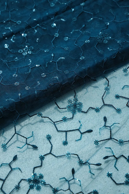 AIzaSyBcstauz-XMPRhEY21AUzeo032pxrXB5Ug - Beautiful Blue Sequins Small Floral Embroidery On Prussian Blue Soft Net Fabric